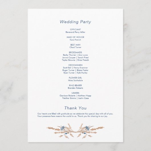 Programme Bleu Corbeille & Blé Moderne Mariage blanc (Dos)