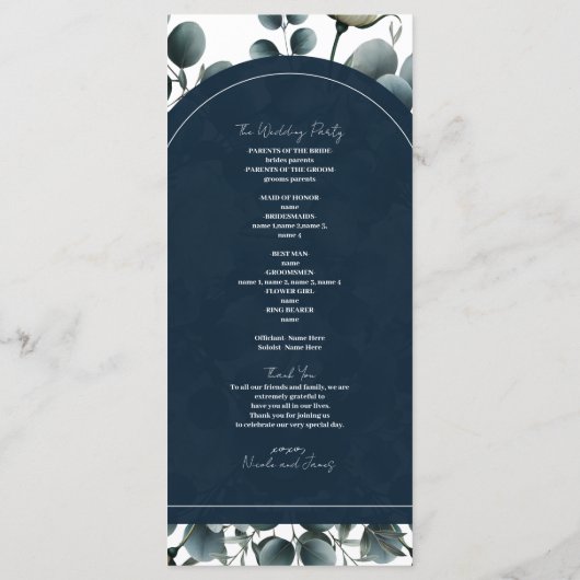 Programme Bleu foncé et blanc Moderne Floral Mariage (Dos)