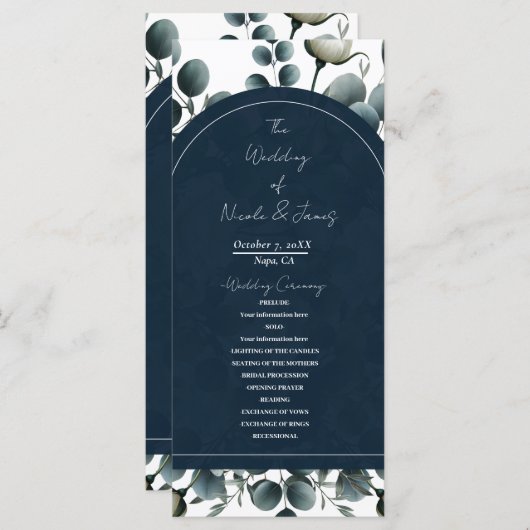 Programme Bleu foncé et blanc Moderne Floral Mariage (Devant / Derrière)