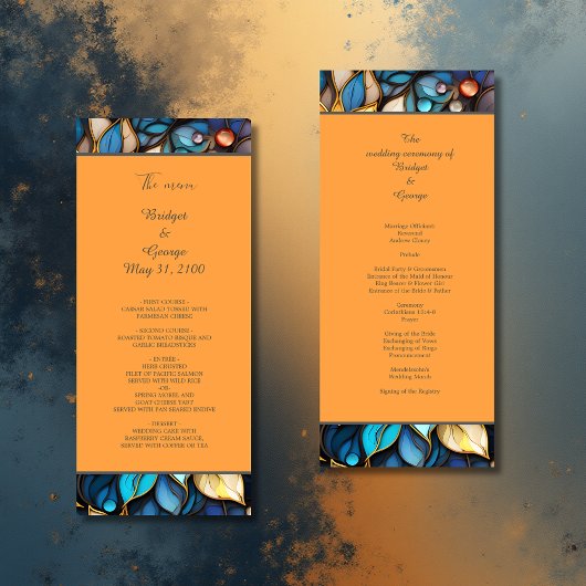 Programme Bleu & Or Floral Vitrail Mariage élégant