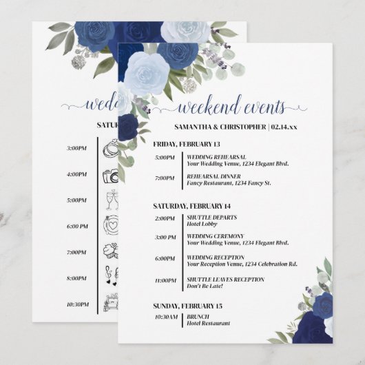 Programme Blue Boho Roses Wedding Events & Timeline (Devant / Derrière)