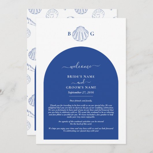 Programme Blue Clam Seashells Coastal Wedding Itinerary (Devant / Derrière)