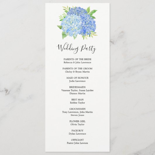 Programme Blue Hydrangea Fleurs Mariage d'aquarelle (Dos)