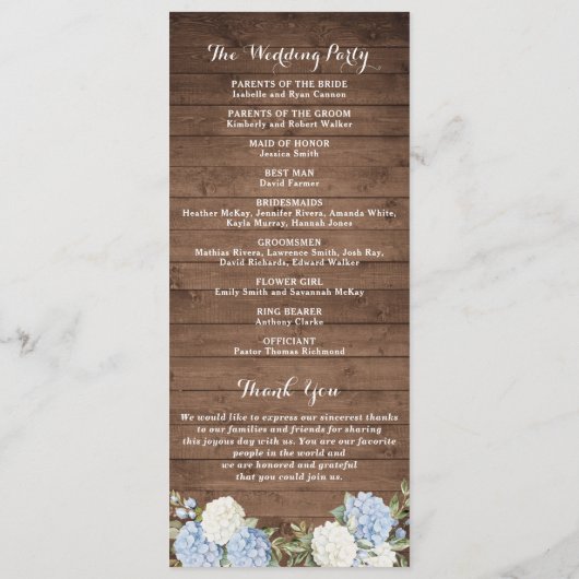 Programme Blue Hydrangea Rustic Bois String Mariage clair (Dos)