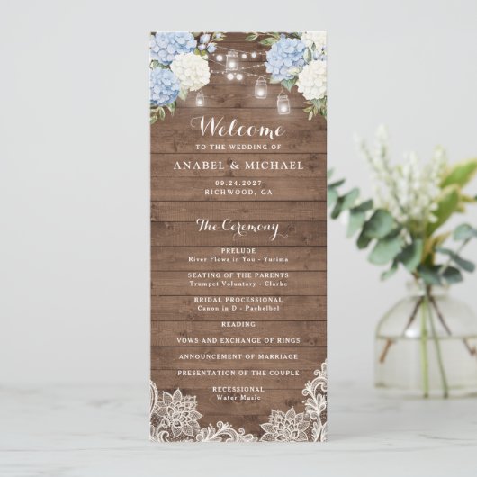Programme Blue Hydrangea Rustic Bois String Mariage clair (Debout devant)