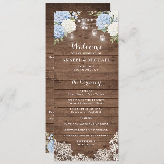Programme Blue Hydrangea Rustic Bois String Mariage clair (Devant / Derrière)