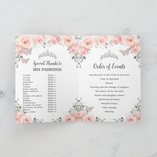 Programme Blush Floral Silver Quinceañera Ordre des événemen (Intérieur)