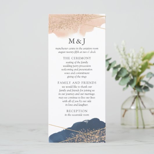 Programme Blush, Gold & Navy Wedding Program Card (Debout devant)