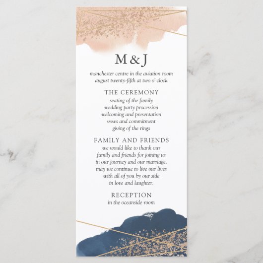 Programme Blush, Gold & Navy Wedding Program Card (Devant)