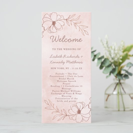 Programme Blush Pink & Rose Gold Foil Chic Mariage cérémonie (Debout devant)