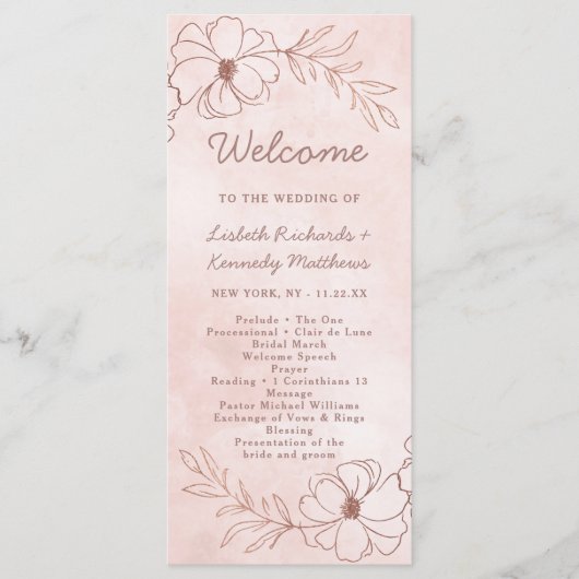 Programme Blush Pink & Rose Gold Foil Chic Mariage cérémonie (Devant)
