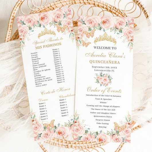Programme Blush rose Floral or Quinceañera Ordre des événeme