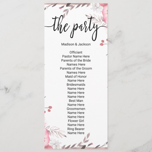 Programme Blush & Rose Gold encadré de mariage floral (Dos)