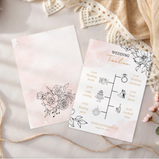 Programme Blush Watercolor & Black Floral Wedding Timeline