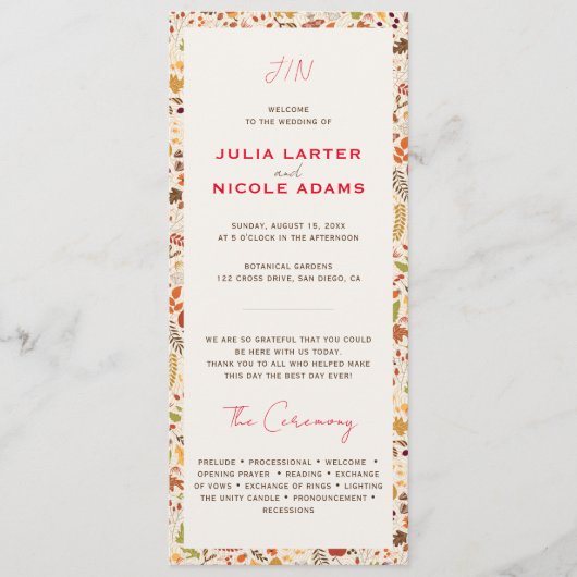 Programme Bohème séché Rustique Floral Automne Falls Mariage (Devant)