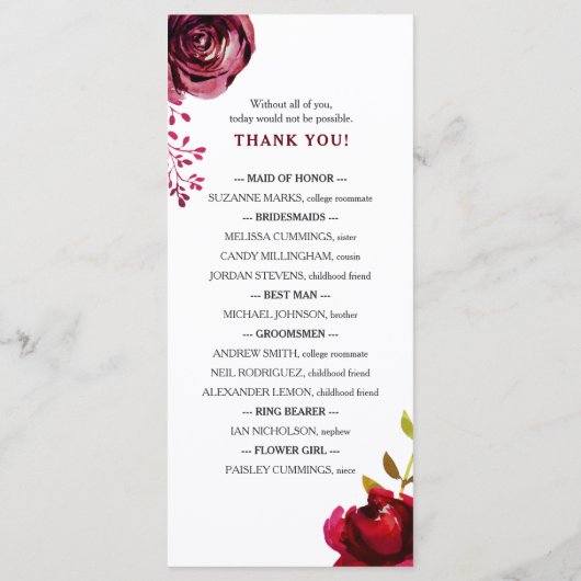 Programme Boho Burgundy Floral Wedding Program, 3979 (Dos)