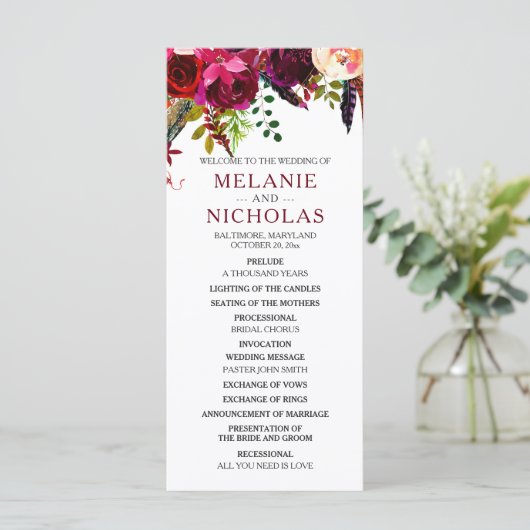 Programme Boho Burgundy Floral Wedding Program, 3979 (Debout devant)