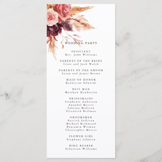Programme Boho Burgundy Terracotta Mariage Floral (Dos)