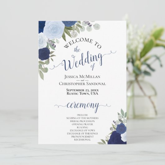 Programme Boho Chic Navy & Dusty Blue Roses Mariage élégant (Debout devant)