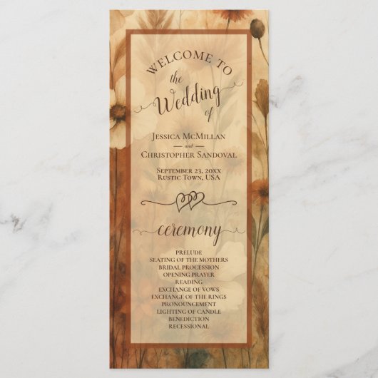 Programme Boho Chic Sienna Wildflowers Elegant Wedding (Devant)