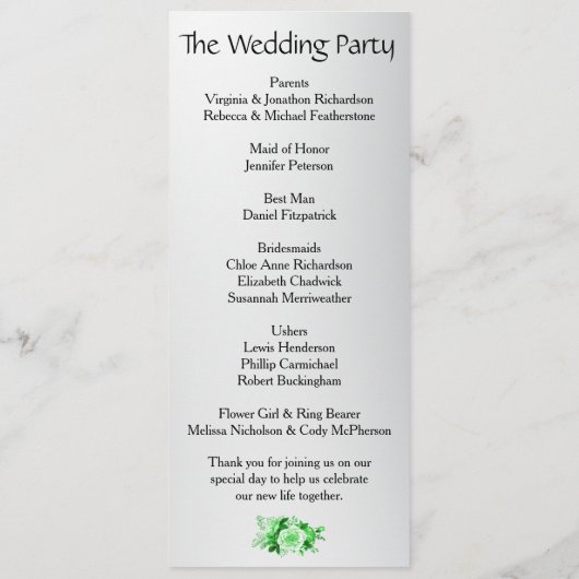 Programme Boho Green Rose Metallic Silver Mariage (Dos)