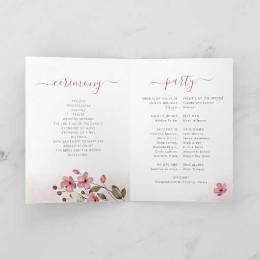 Programme Boho jardin aquarelle fleurie rose mariage (Intérieur)