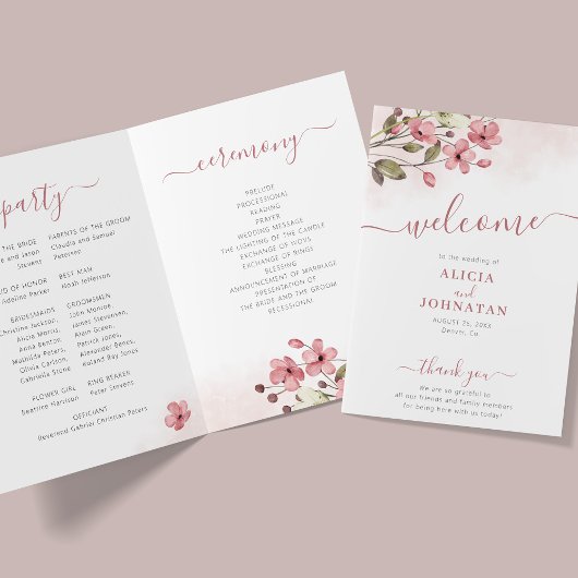 Programme Boho jardin aquarelle fleurie rose mariage