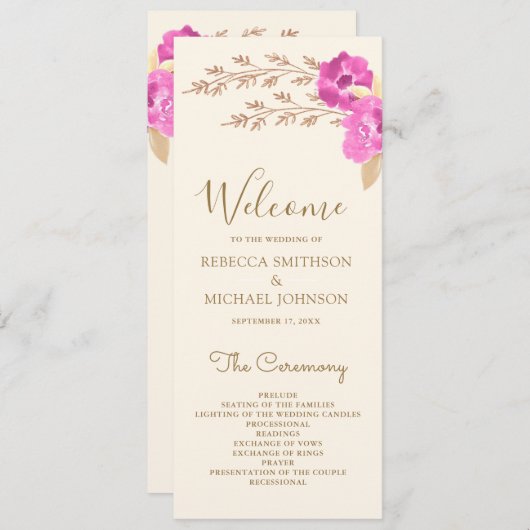 Programme Boho Pink Orchid Floral Ivory Mariage (Devant / Derrière)