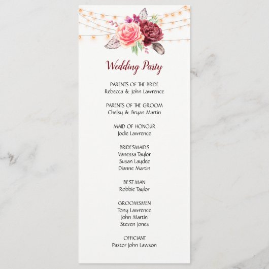 Programme Boho Roses plumes Mariage (Dos)