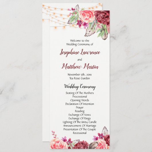 Programme Boho Roses plumes Mariage (Devant / Derrière)