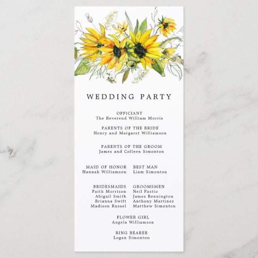 Programme Boho Rustique Jaune Tournesol Mariage Floral (Dos)