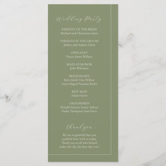 Programme Boho Sage Green & Linen Minimalist Arch Wedding (Dos)