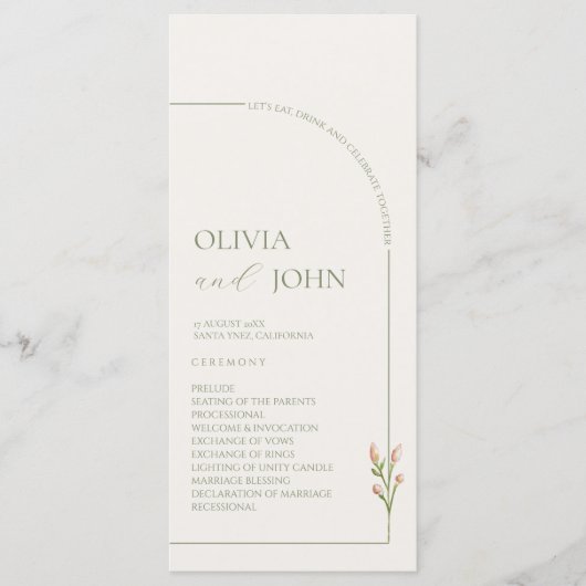 Programme Boho Sage Green & Linen Minimalist Arch Wedding (Devant)