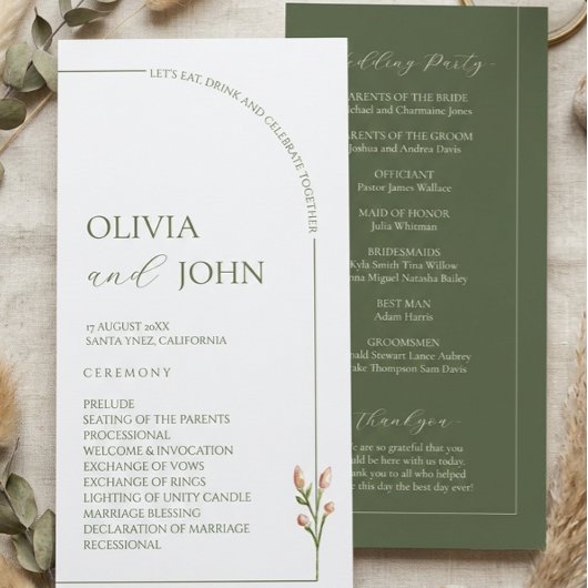 Programme Boho Sage Green & Linen Minimalist Arch Wedding