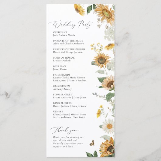 Programme Boho Sunflower Golden Rays Floral Elégant Mariage (Dos)