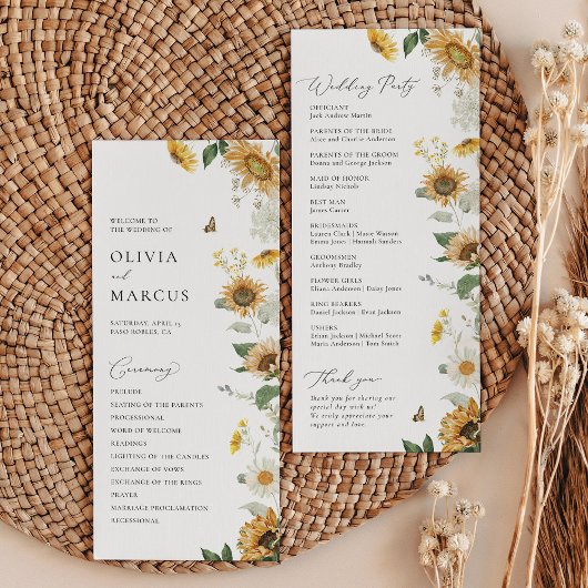 Programme Boho Sunflower Golden Rays Floral Elégant Mariage