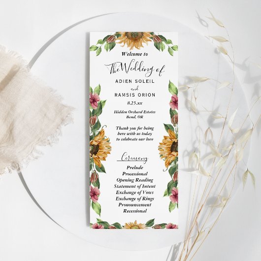 Programme Boho Sunflower Rustique Fleur sauvage Mariage plat