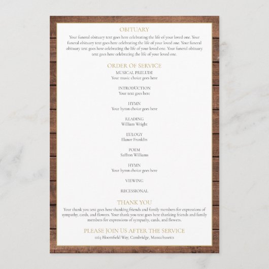 Programme Bois Rustique Verdure Funérailles Ordre du service (Dos)