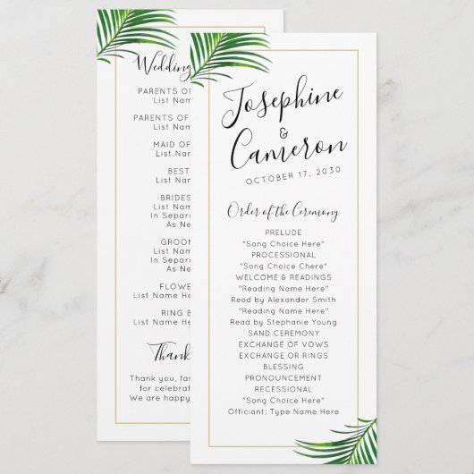 Programme Bordure de feuille de palme tropicale verte et or  (Devant / Derrière)