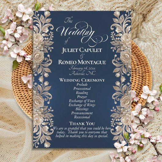 Programme Bordure de roses sur fond bleu foncé - Mariage