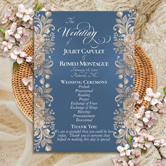 Programme Bordure de roses sur fond bleu - Mariage