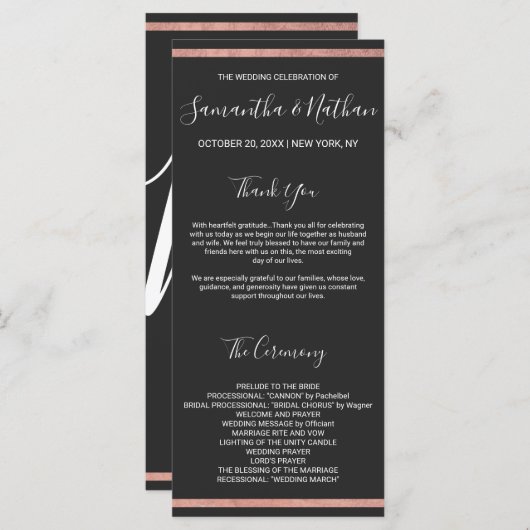 Programme Bordure rose Gold Outline Mariage noir simple (Devant / Derrière)