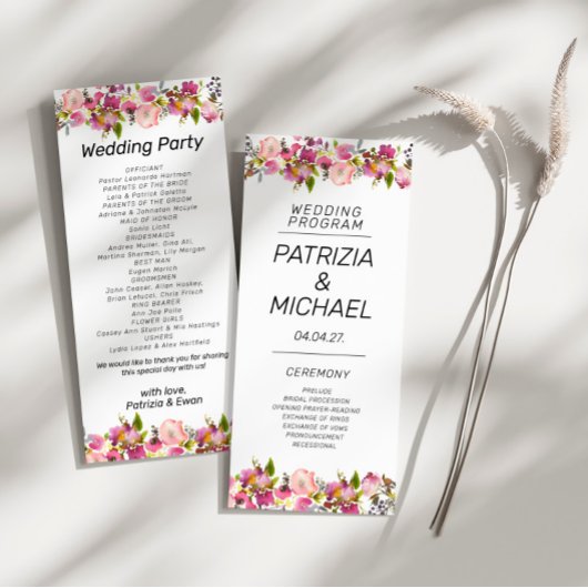 Programme Bordures florales rose romantique Mariage plat