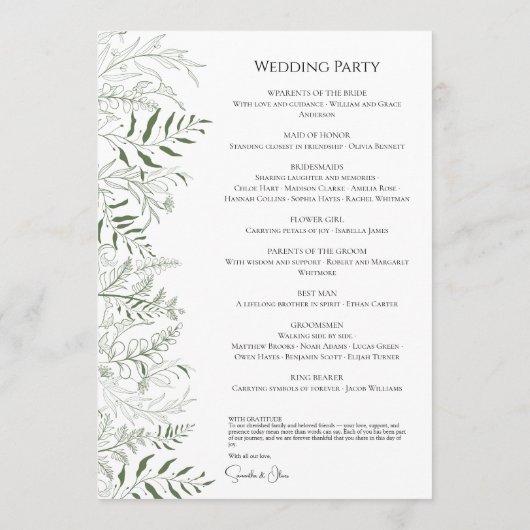 Programme Botanical Greenery Wedding Program Card (Dos)