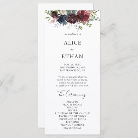 Programme Bourgogne et bleu Floral Wedding Program (Devant / Derrière)