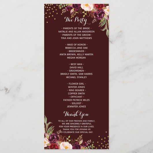Programme Bourgogne Gold Confetti Floral Wedding Program (Dos)