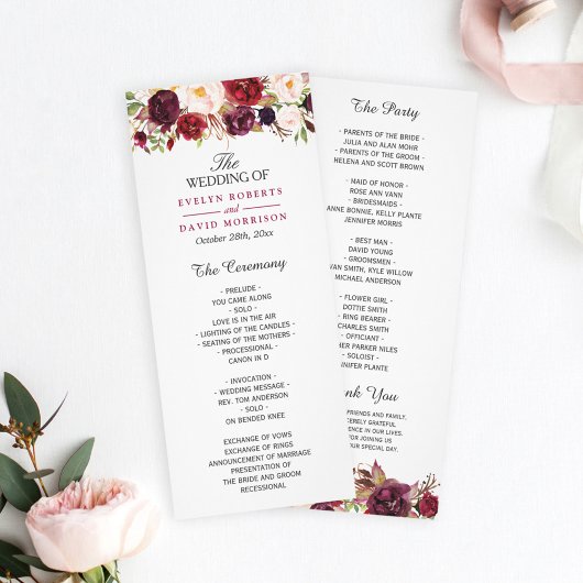 Programme Bourgogne Marsala Rouge Floral Chic Wedding Progra