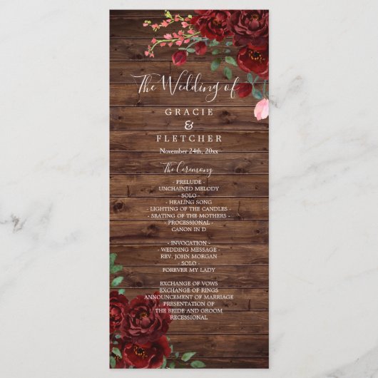 Programme Bourgogne Rouge romantique Rose Rustique Mariage d (Devant)