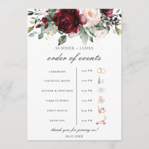 Programme Burgundy Blush Floral Mariage Ordre de l'événement