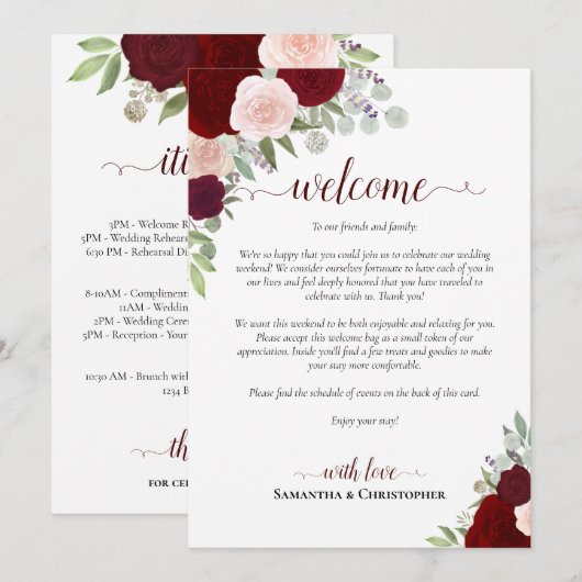 Programme Burgundy Blush Roses Wedding Welcome & Itinerary (Devant / Derrière)